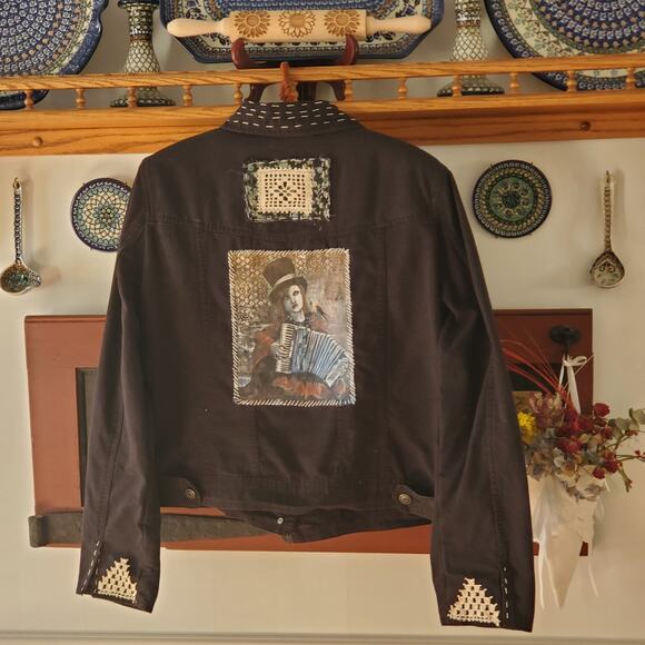 Restyled Handsewn One of a Kind Denim Jacket .Wearable‎ Art .Sz L - Picture 4 of 9